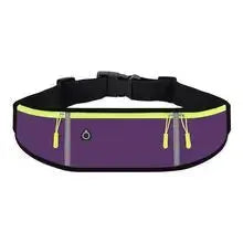 Outdoor running waist bag by Simples Market, purple with lime green zippers and black strap, three waterproof pockets