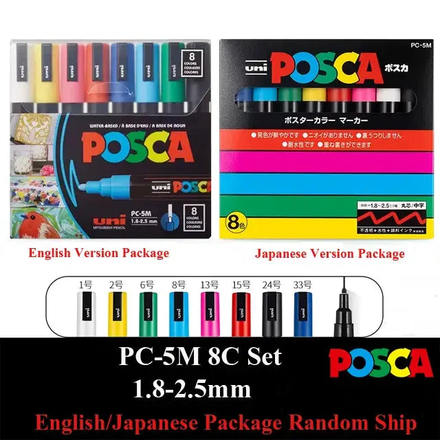 Uni POSCA paint marker set PC-1M PC-3M PC-5M in vinyl pen case, 8-color water-based pigment markers