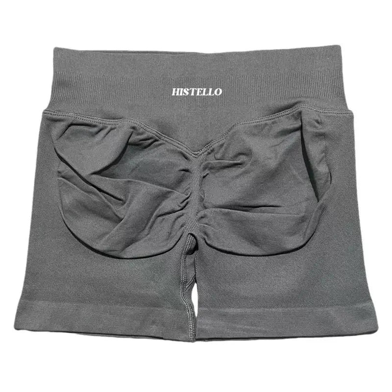 HISTELLO women's sport shorts, gray low-waist seamless scrunch design for running, gym, yoga.