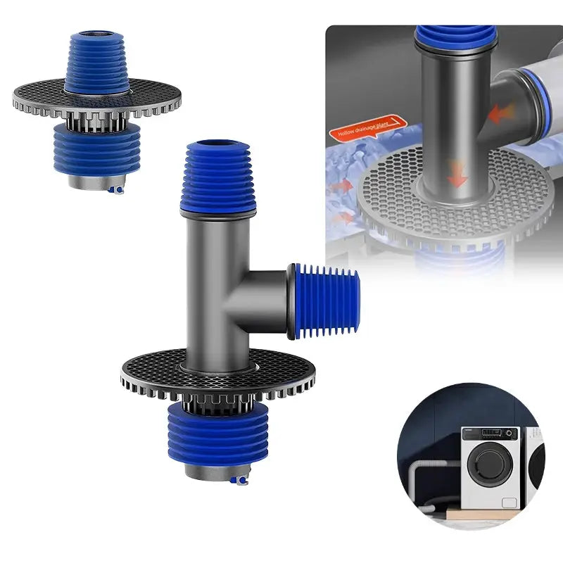 Universal washing machine floor drain connector 2-in-1 with blue hose adapters on gray T-junction, Simples Market