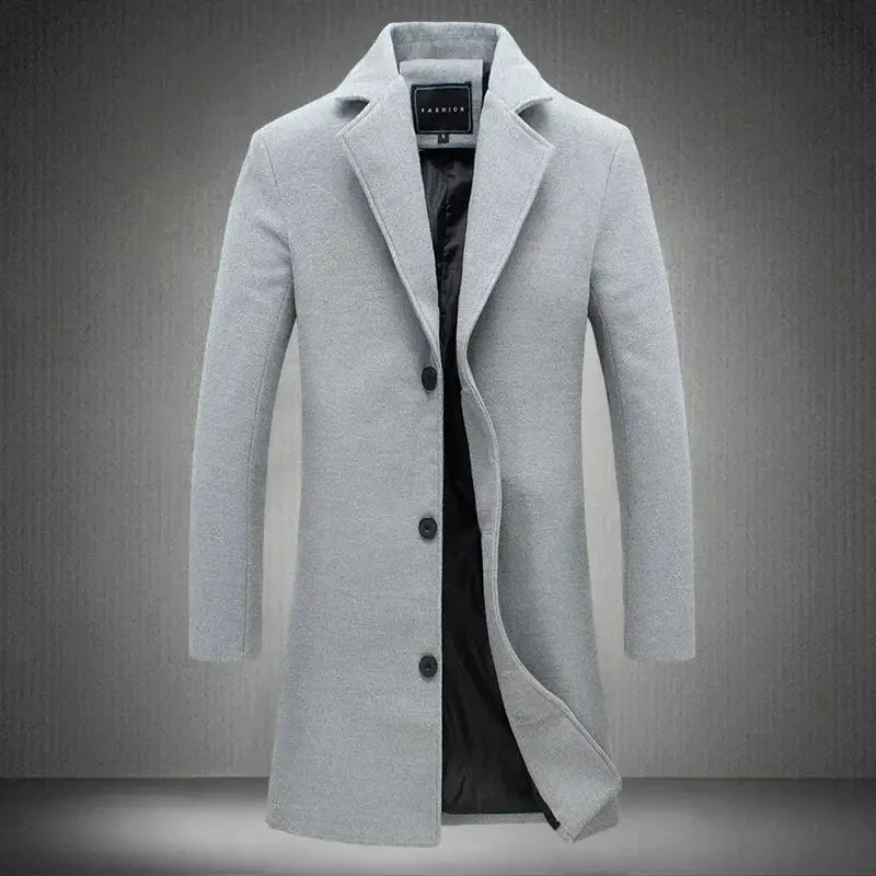 Men's long gray wool-blend coat with black lining and four-button front, FASHION tag