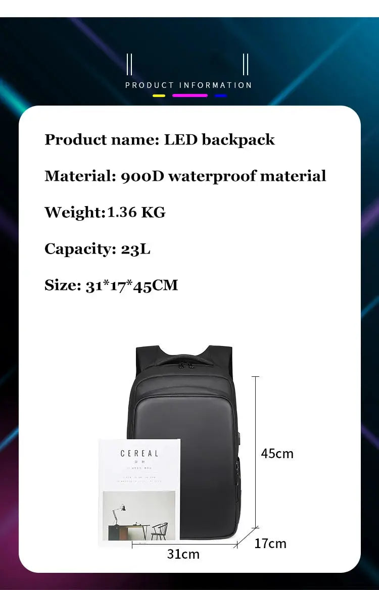 LED Display backpack, black 900D waterproof material, 23L capacity, 31x17x45 cm