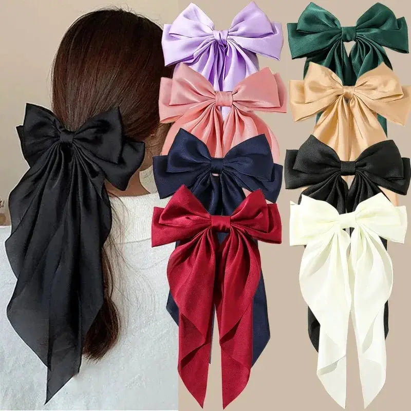 Korean Satin Bowknot Hair Clip For Women And Girls Long Ribbon Solid Color Barrette Hair Accessory
