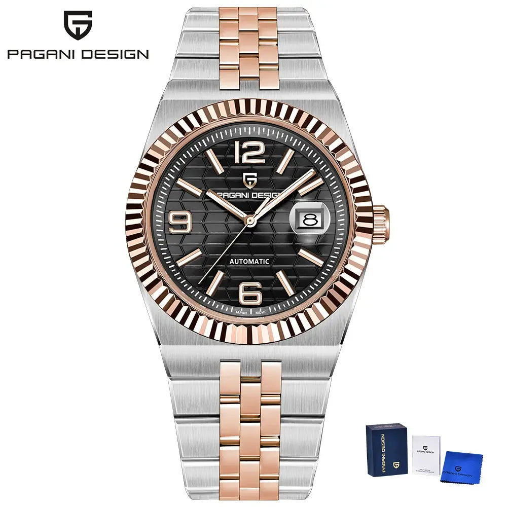 Pagani Design two-tone men's automatic watch with rose-gold bezel and black dial