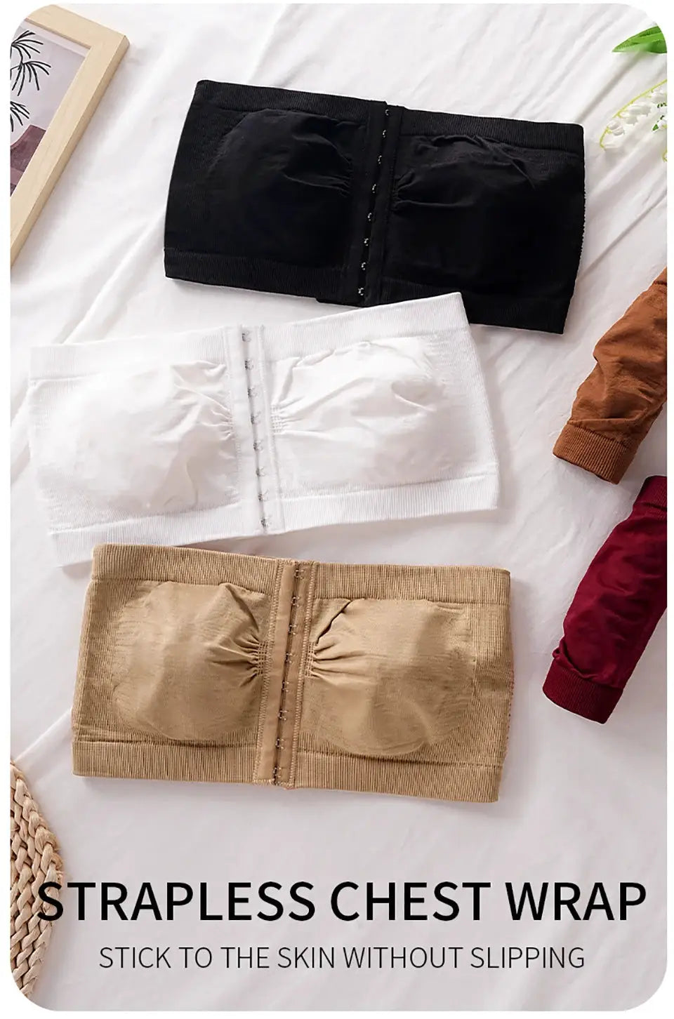 Three-piece plus-size strapless bandeau bras in black, white, and beige with front-closure, seamless, wireless design.