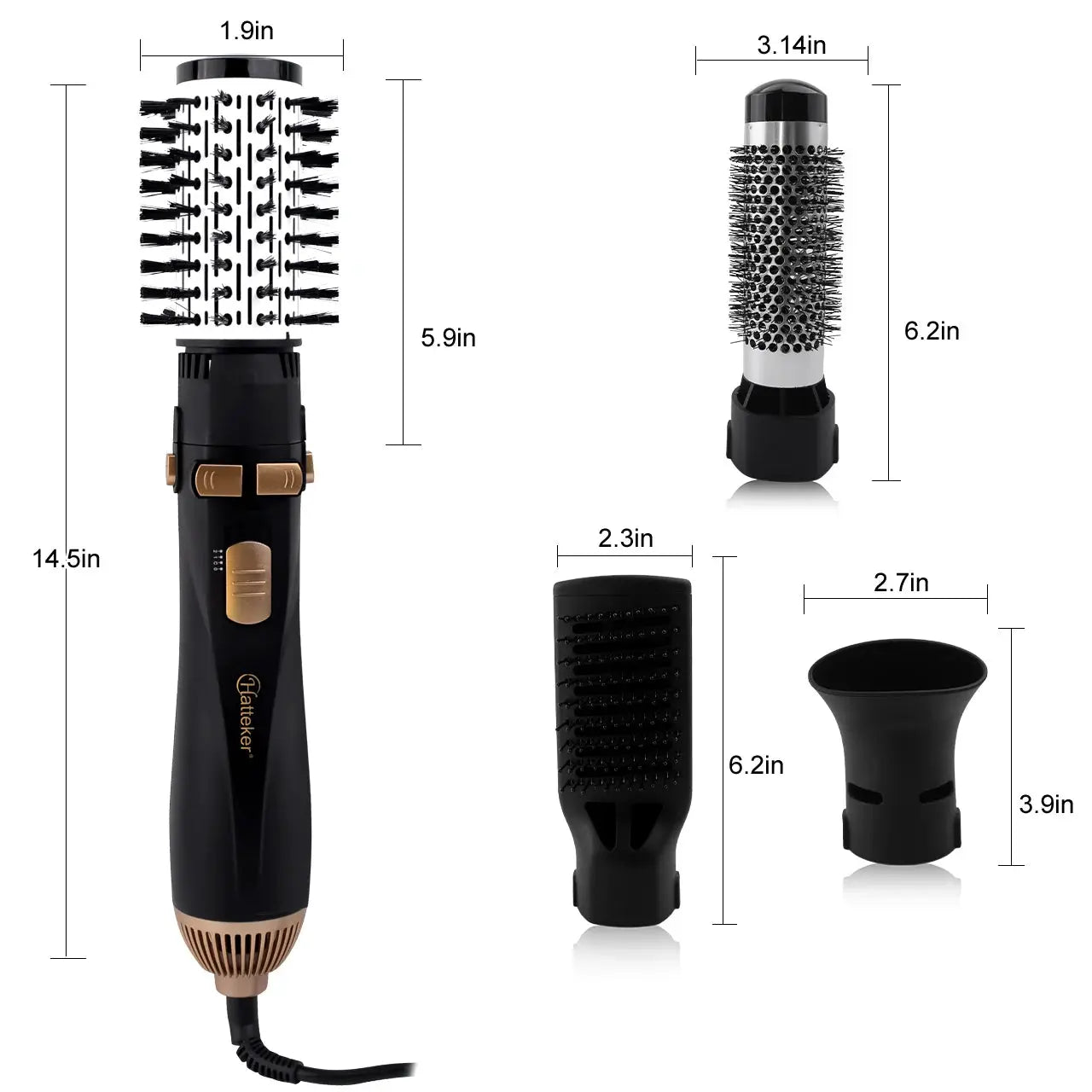 Simples Market Hatteker EU 4-head hot air brush with 4 heads: round, cylindrical brushes, comb, nozzle, black