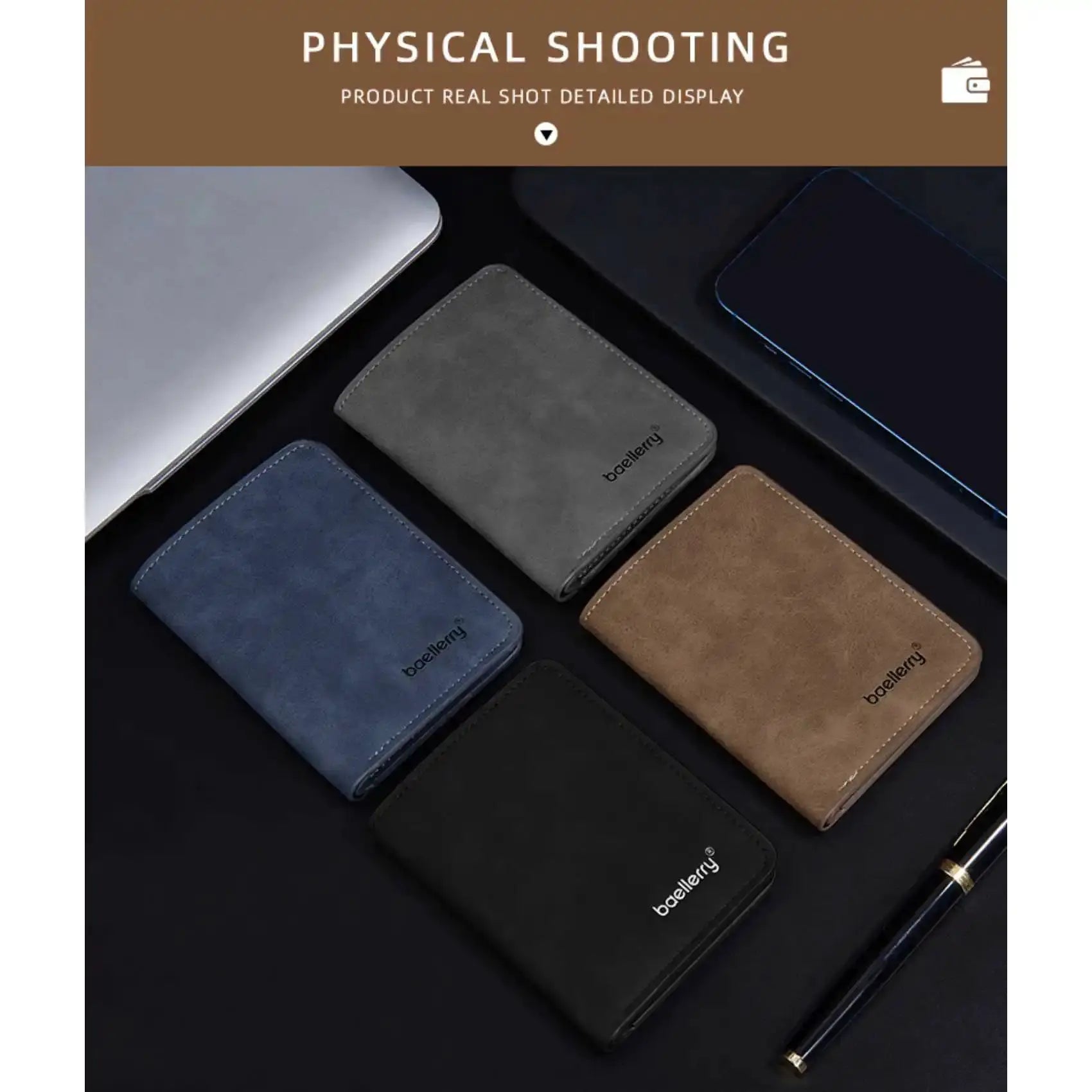 Thin sanded leather multi-card holder set in blue, gray, brown and black with boellerry branding visible
