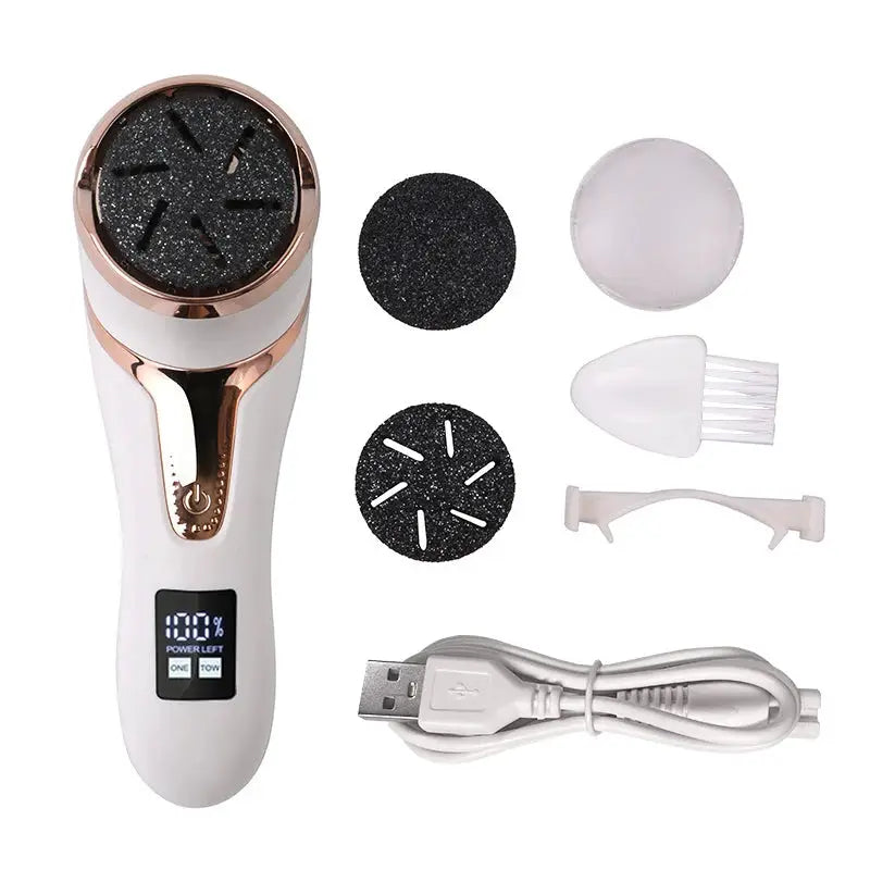 Simples Market electric pedicure tool with white body and rose-gold trim, 2 replacement discs and USB charging cable