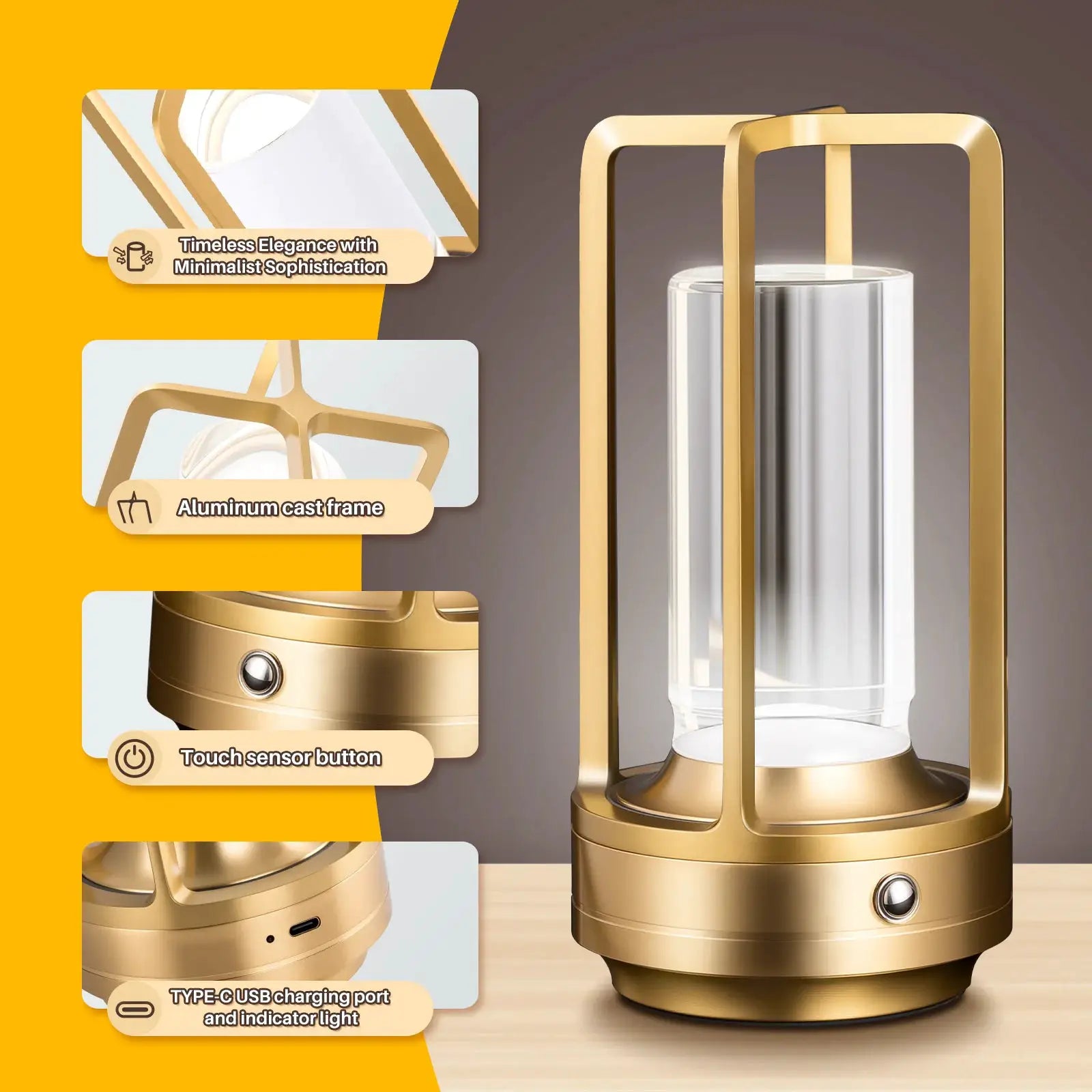 GGbingo cordless LED table lamp by Simples Market with aluminum cast frame and gold finish