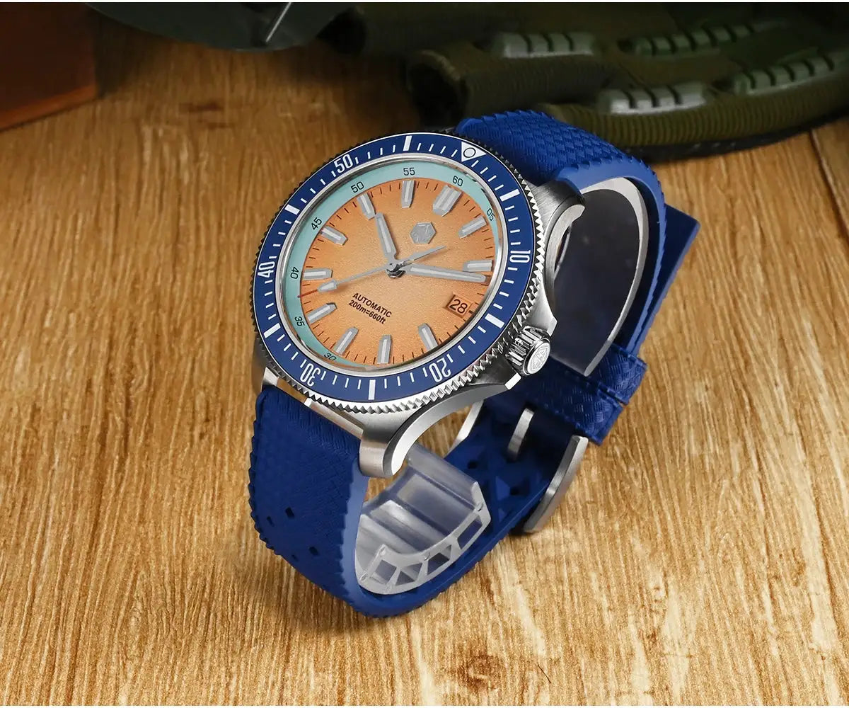 San Martin dive watch with orange dial, blue bezel and blue silicone strap, 200m water resistant