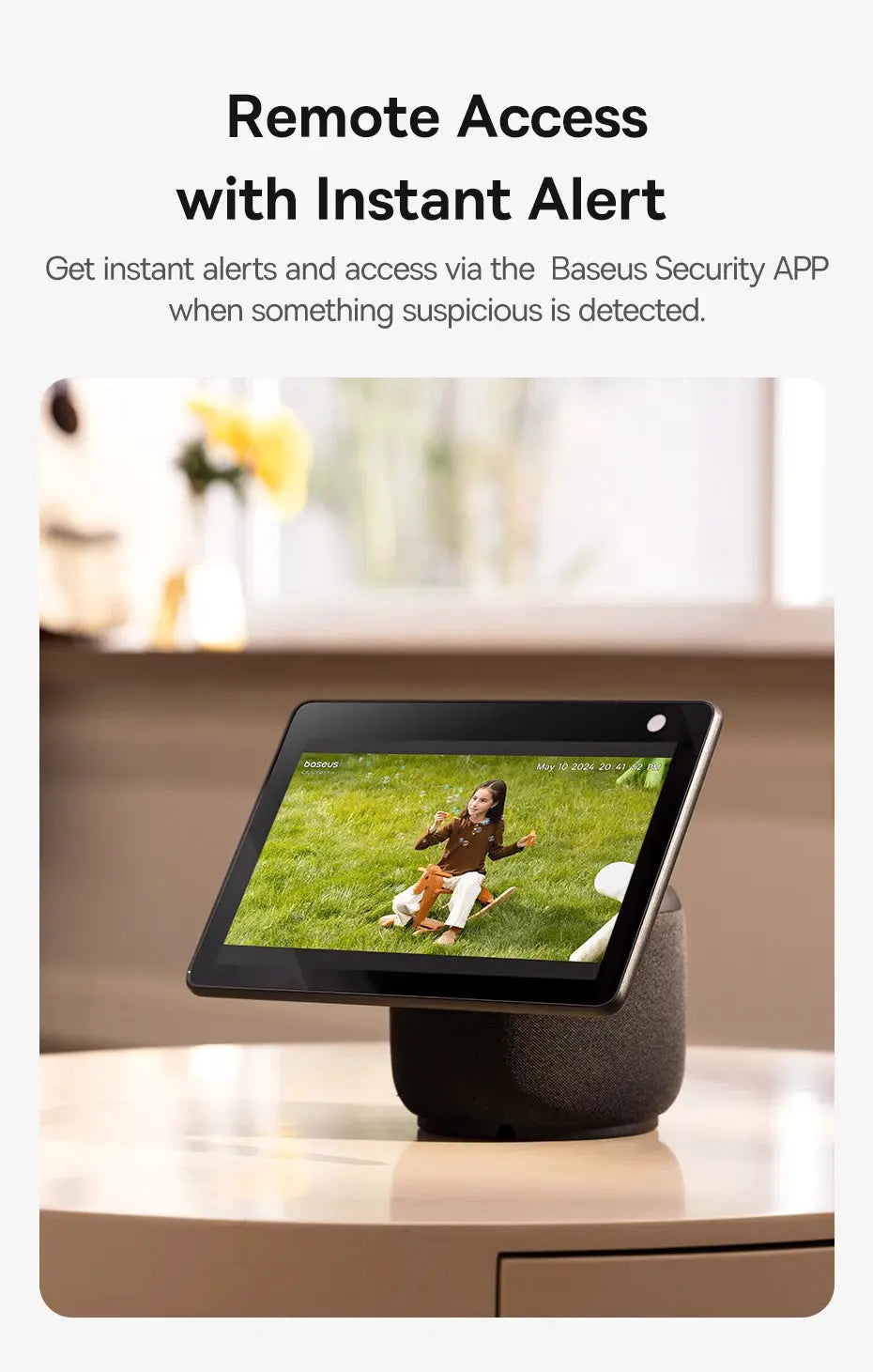 Baseus Security S1 outdoor camera display on a black smart screen resting on a round fabric speaker base