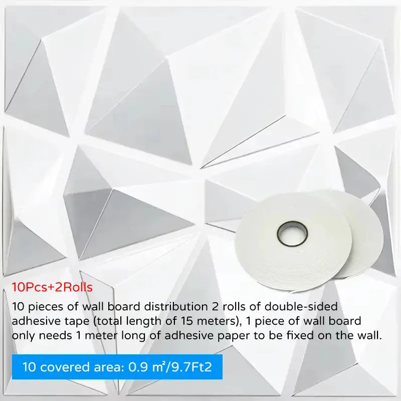 10-piece white 30x30cm 3D wall panels set with 2 rolls of double-sided tape for living room and office decor