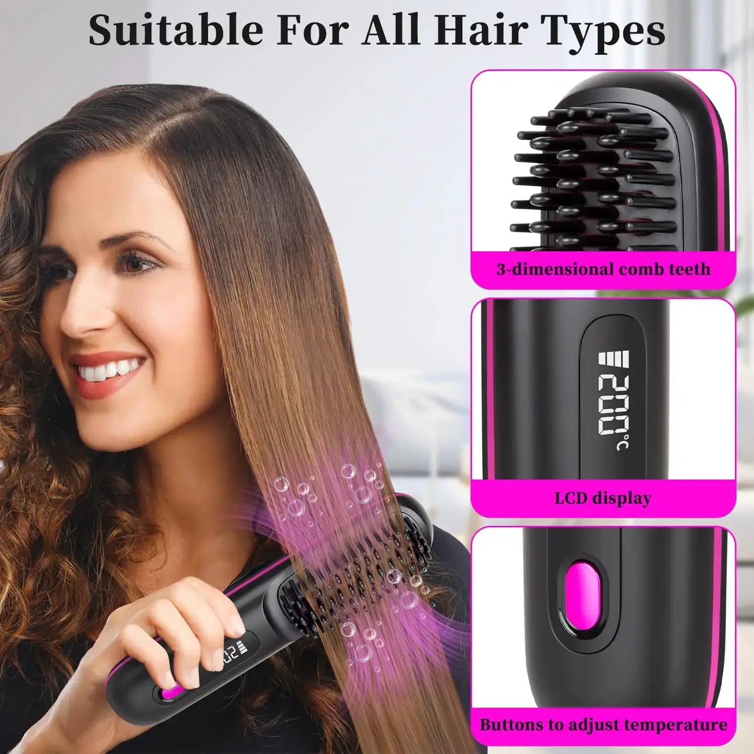 Simples Market USB charging cordless hair straightening brush with LED display and ceramic coating, black and pink