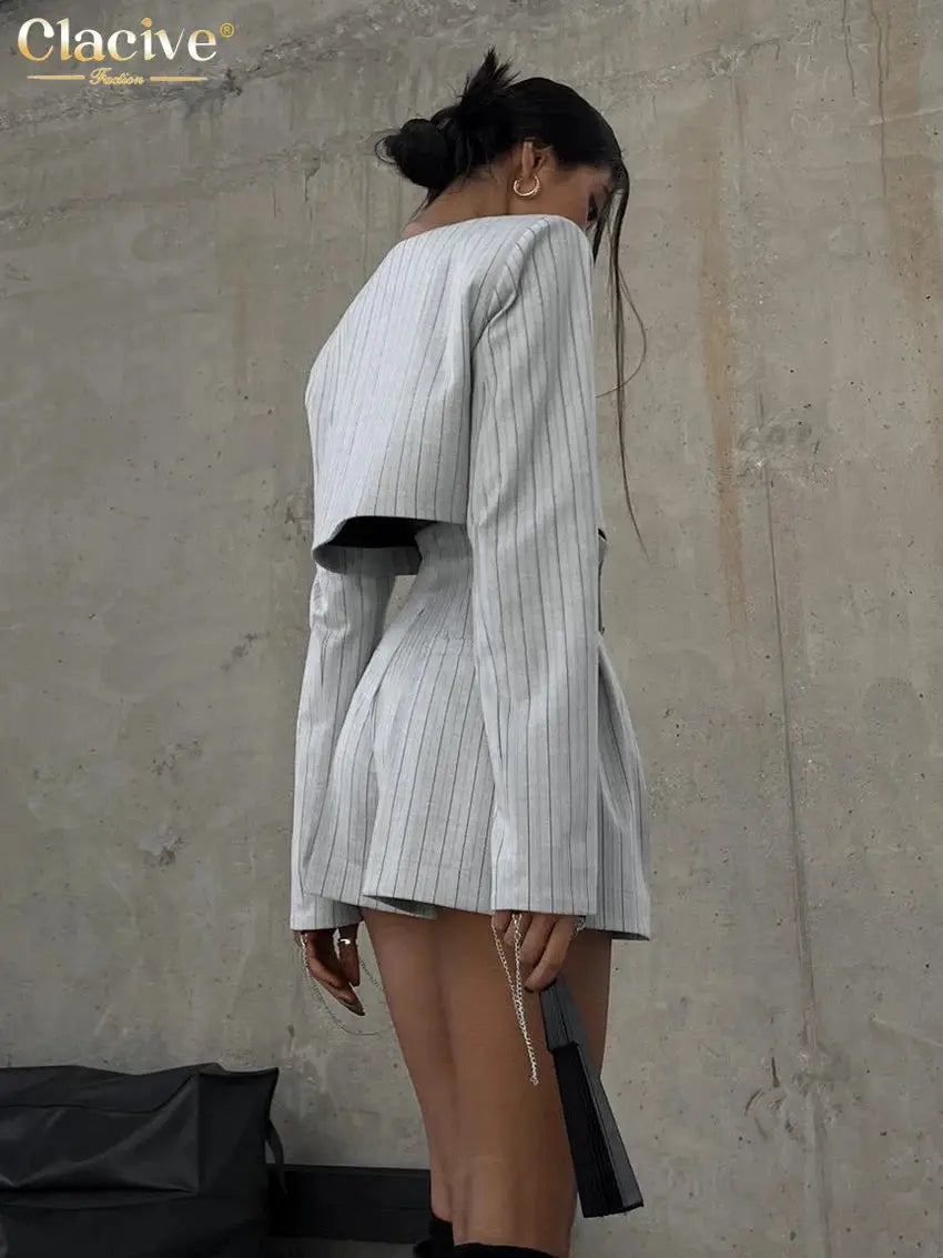 Clacive Stripe Print Slim Two Piece Set Women Top High Waist Shorts