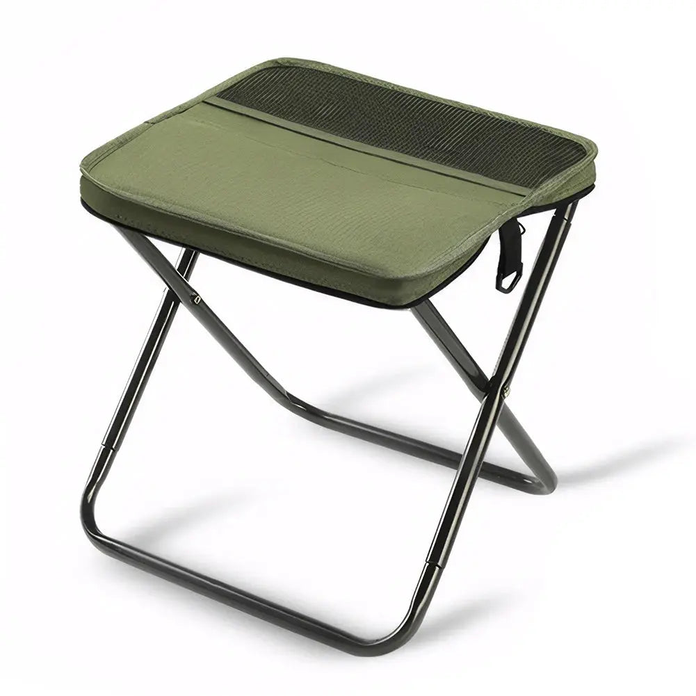 Simples Market folding stool in olive green fabric with metal frame, portable outdoor seating