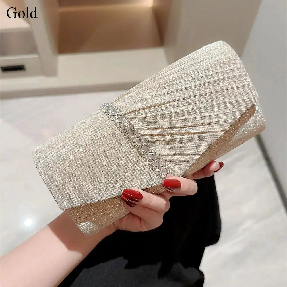 Gold sequins clutch bag by Simples Market with rhinestone band for evening wear