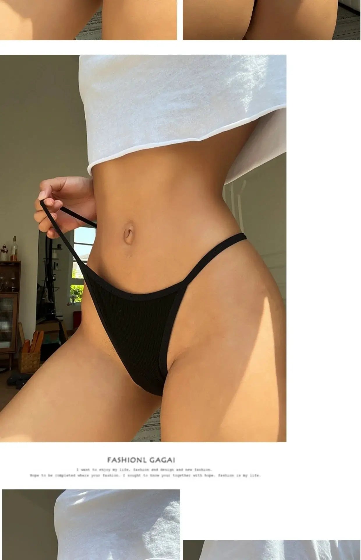 Black cotton seamless thong underwear with a low-rise fit and thin side straps.