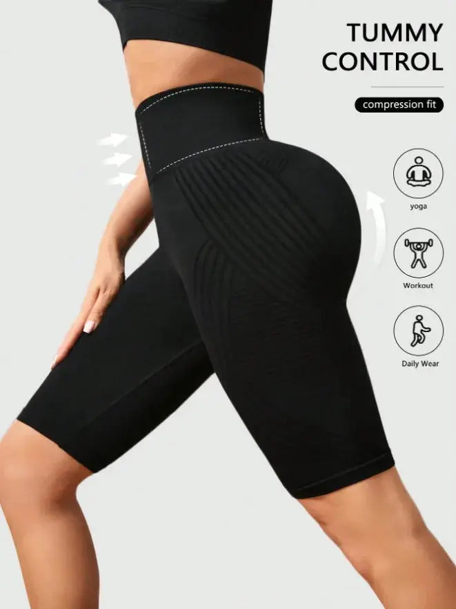 Simples Market high-waisted seamless yoga shorts for women, black knitted stretch fabric with hip-lift compression