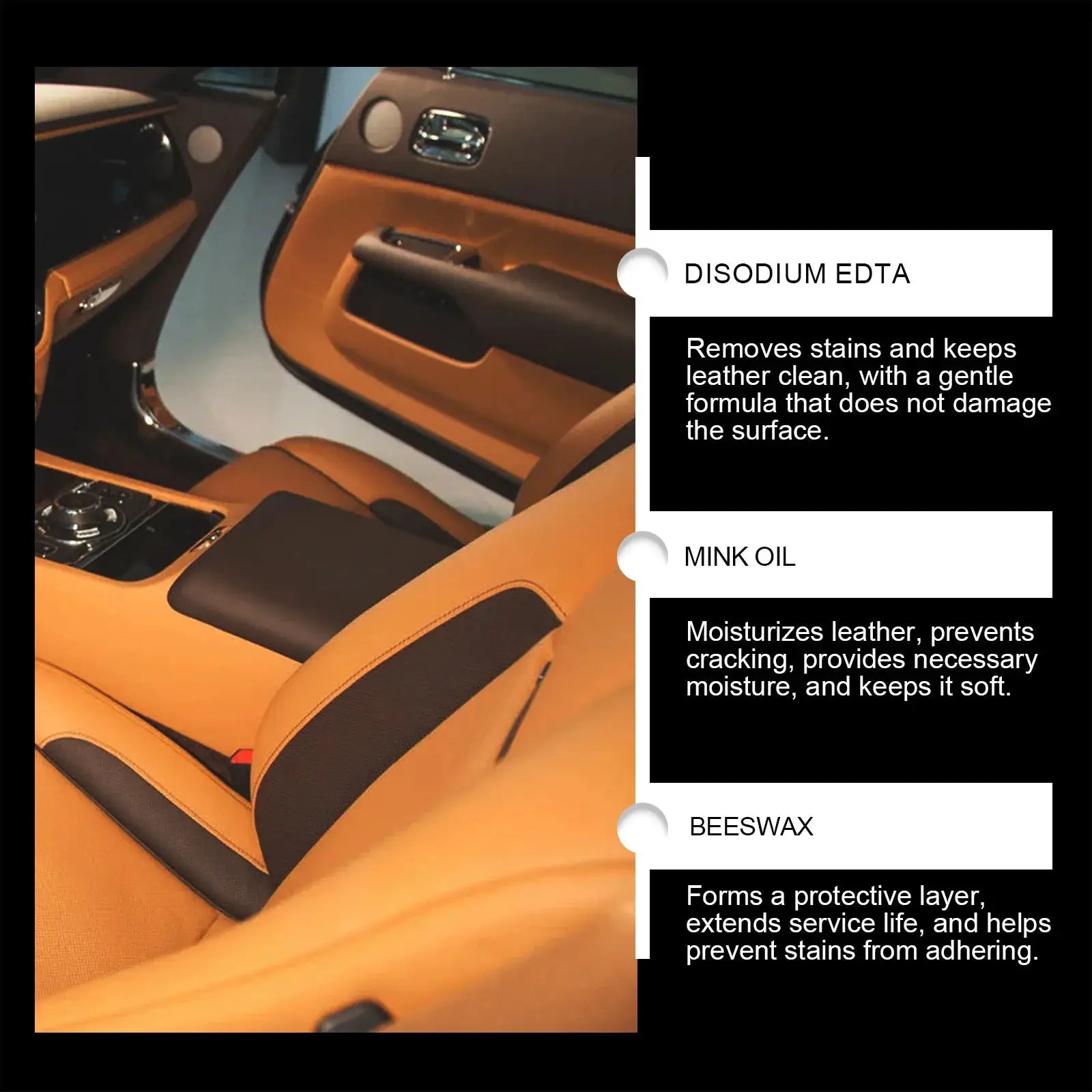 Car leather care cream product layout on tan leather interior with door panel and center console