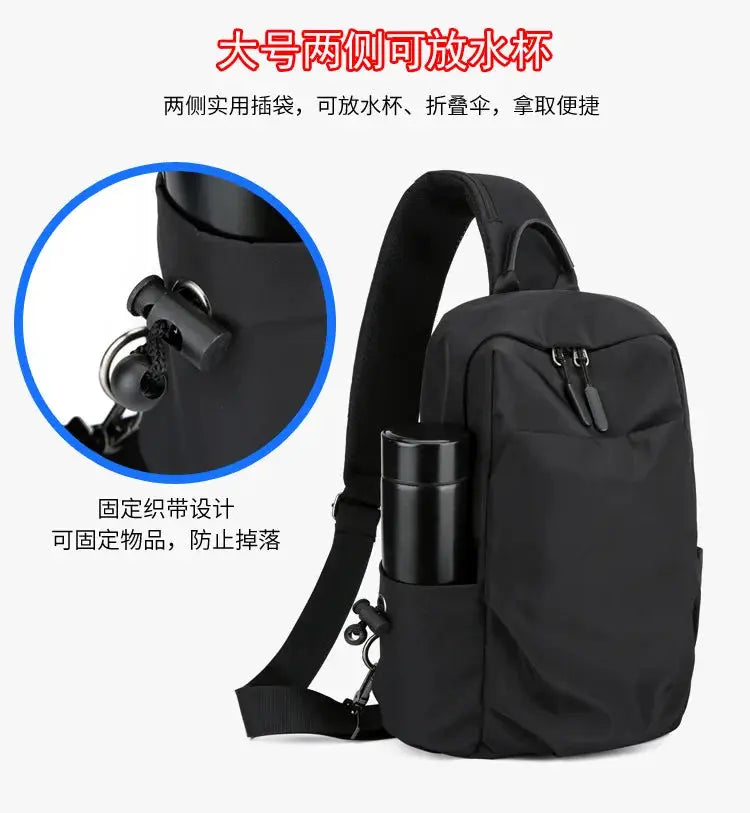 Men's chest bag large black canvas crossbody with water bottle side pocket and adjustable strap, Simples Market.