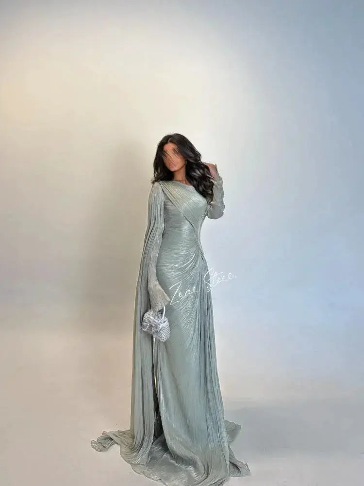 Verngo Green Shiny Formal Evening Dress O Neck Sleeves Prom Gown