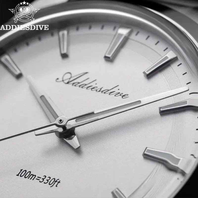 ADDIESDIVE men's watch with silver dial, stainless steel case, logo visible, 100m water resistant