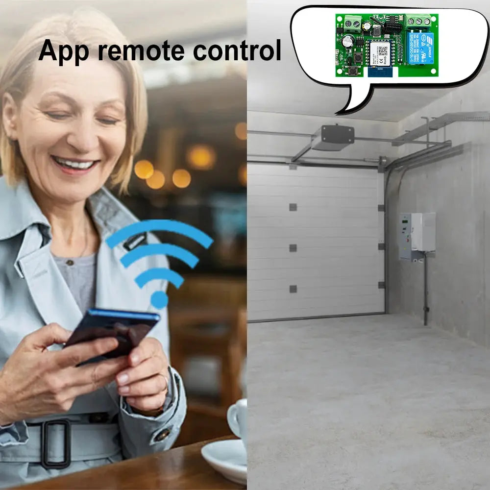 Simples Market WIFI smart garage door relay module with RF433 remote; supports DC12V/24V/AC220V, Tuya compatible