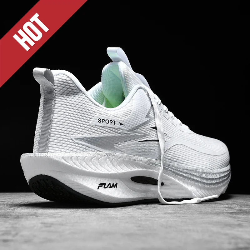 White running shoe with breathable mesh upper and air-cushion midsole for lightweight comfort