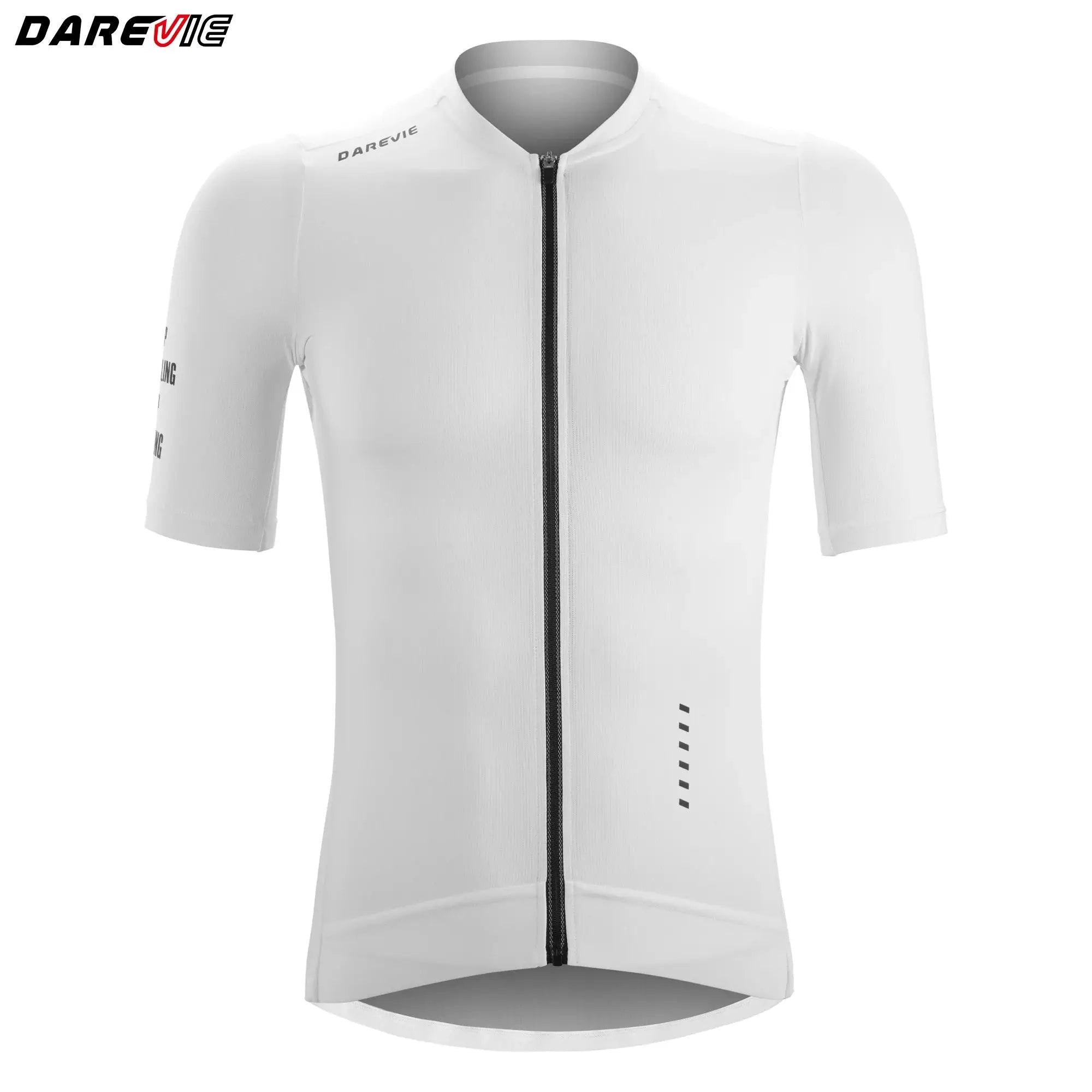 DAREVIE men's white cycling jersey with full-length black zipper, breathable quick-dry fabric.