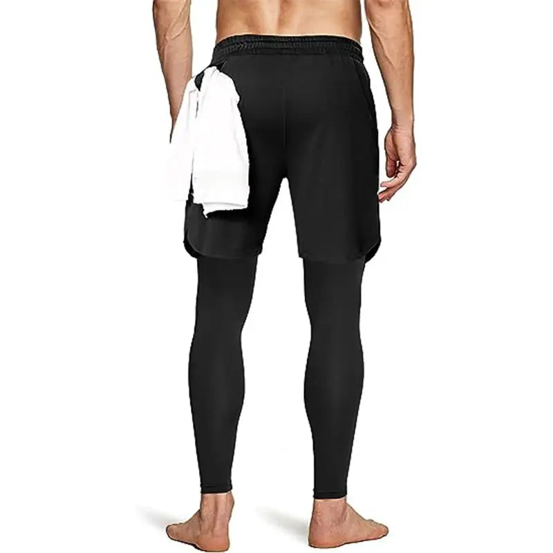 Men's 2-in-1 training pants, black shorts over black tights for workouts