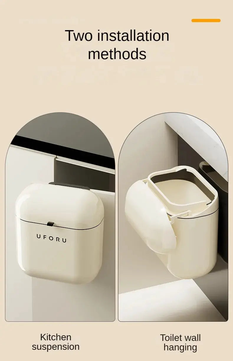 Cream wall-mounted trash can with lid by UFORU, 9L/12L, dual installation: kitchen suspension or toilet-wall hanging