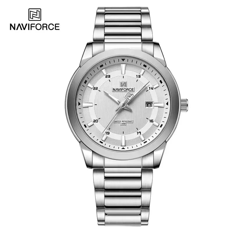 NAVIFORCE men's stainless steel wristwatch with silver strap, date display, water resistant 30m