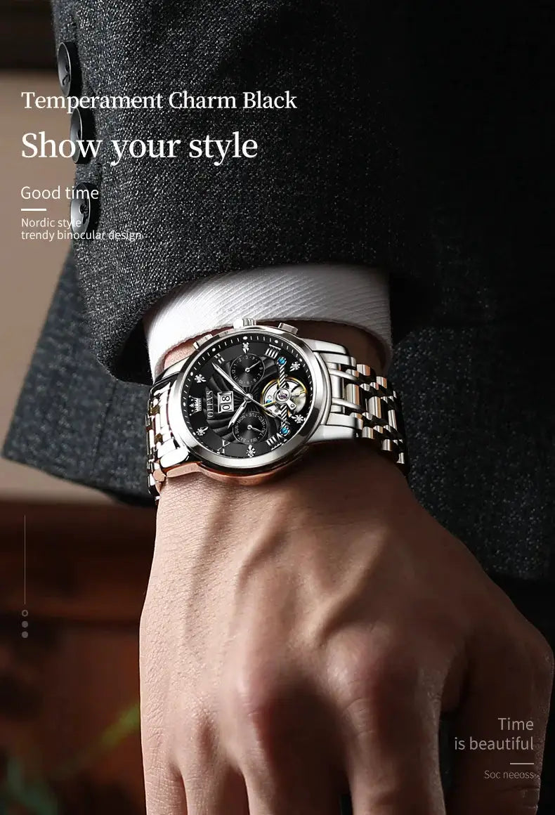 OLEVS Classic men's tourbillon wristwatch with black dial and silver stainless-steel bracelet