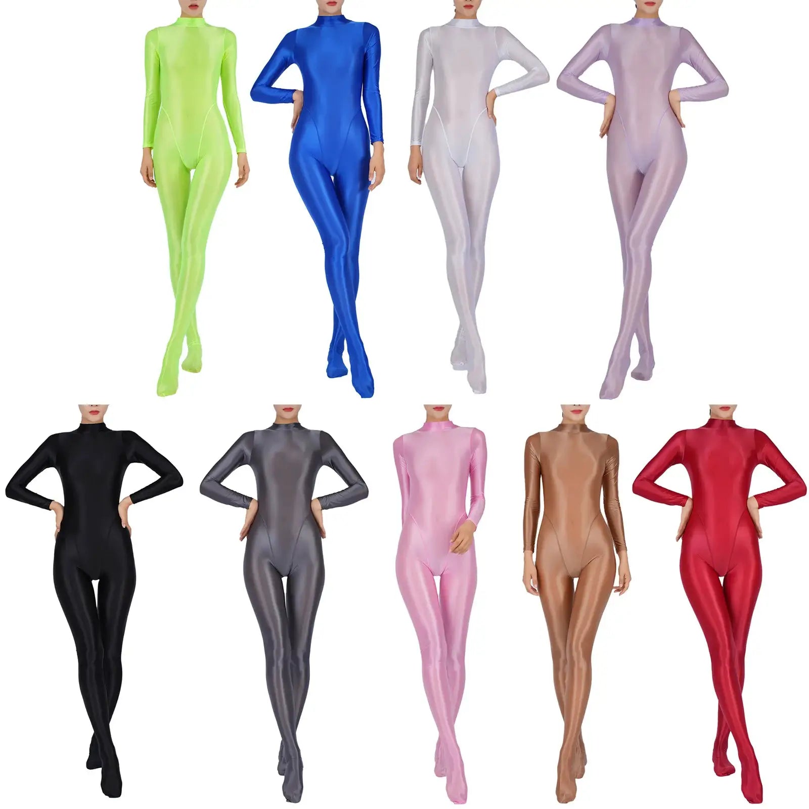 Women's solid-color full-body jumpsuit; long-sleeve, footed one-piece sportswear in 9 color options.