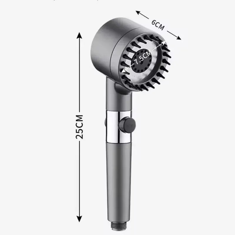 Simples Market portable handheld shower head in metallic gray with three spray modes and a one-click water-stop knob.