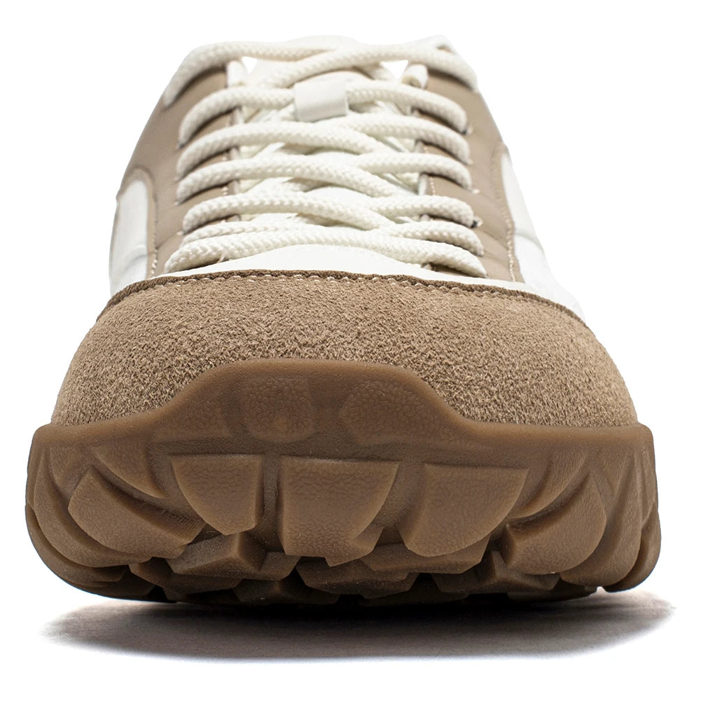 HOBIBEAR wide-width hiking shoe; tan suede toe, white panels, rugged brown outsole.