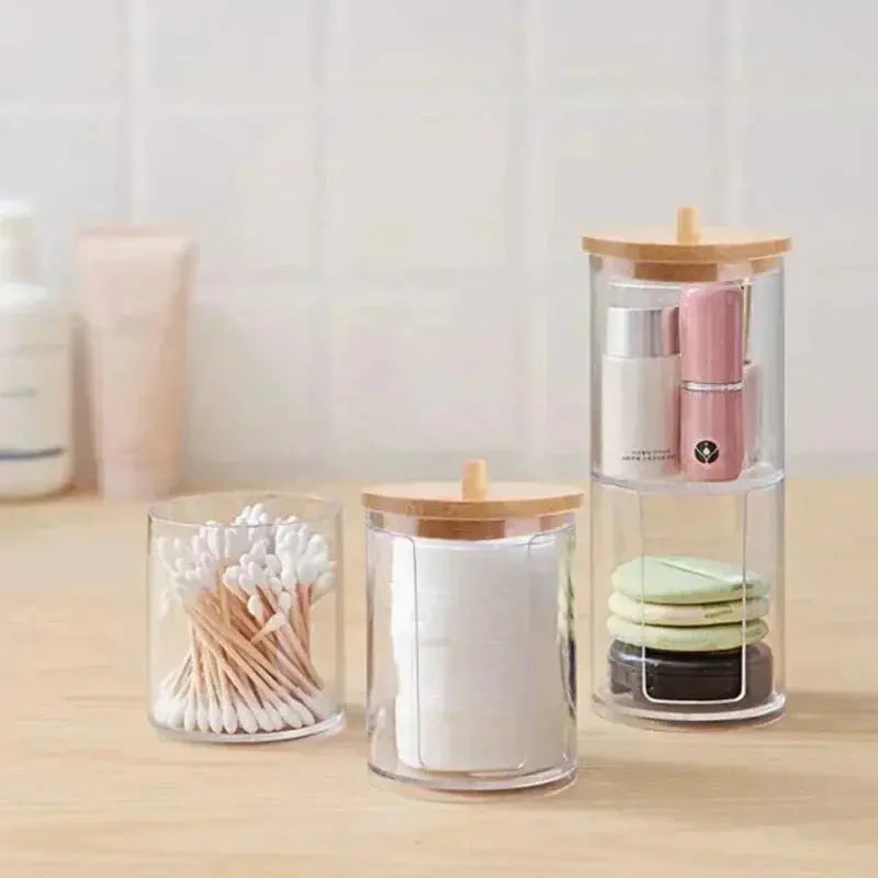 ClearNest Acrylic Storage Box Bathroom Organizer Transparent Box With Bamboo Lid For Cotton Pads Swabs QTips