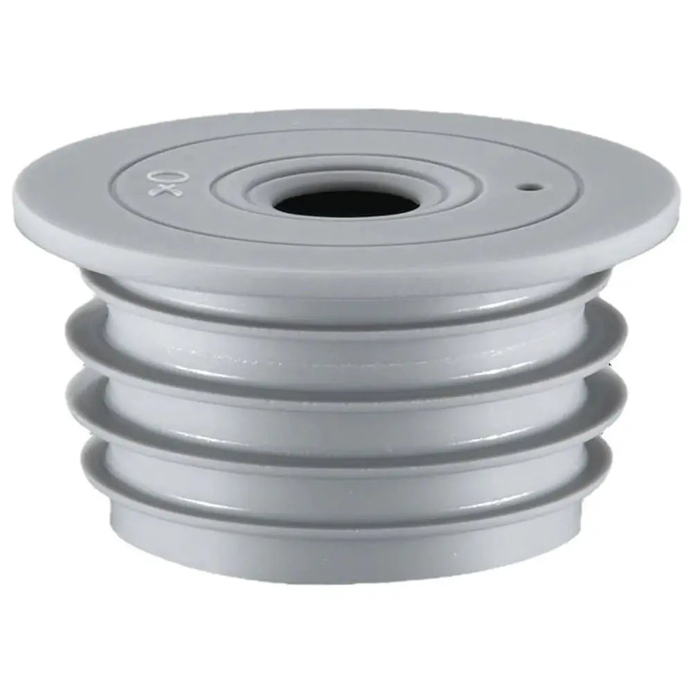 Washing machine drain pipe seal, gray plastic sealing ring with accordion folds.