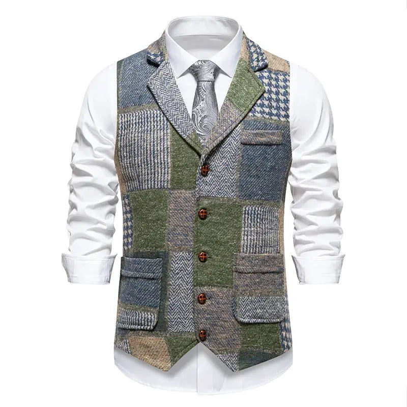 Green men's tweed plaid waistcoat vest with patchwork panels