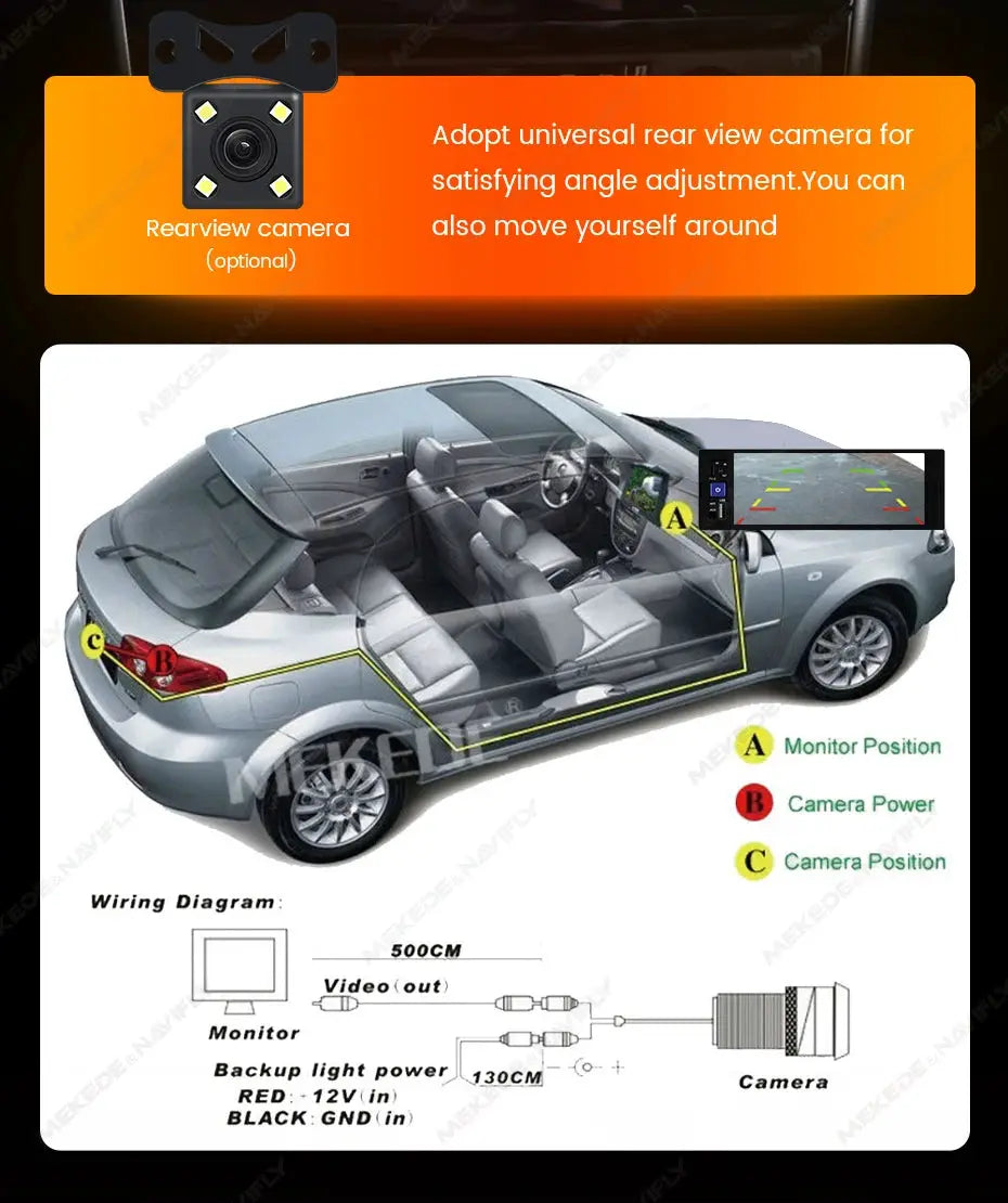 MEKEDE 6.86-Inch 1Din CarPlay Android Auto car radio with BT FM USB-C; includes rearview camera wiring diagram