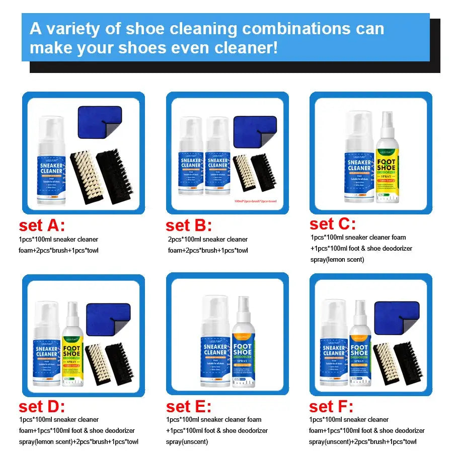 Six Simples Market sneaker cleaning sets A to F with 100ml cleaner bottles, brush and towel