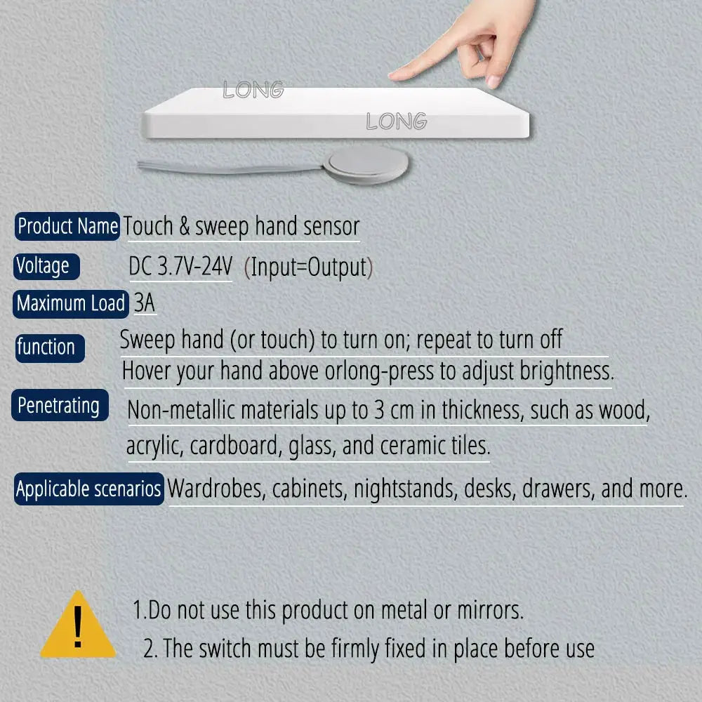 Simples Market touch dimming switch wooden panel for wardrobes and cabinets with hand-wave sensor; 5-24V DC, 3A max