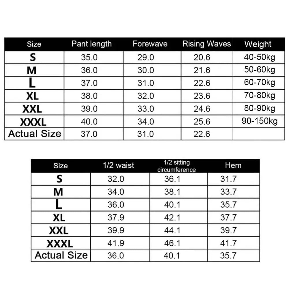 Simples Market men's bodybuilding shorts size chart showing pant length, waist and hem measurements