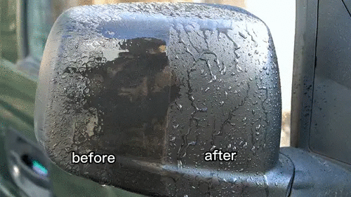 Car plastic restorer; black trim shine on side mirror, showing before and after.