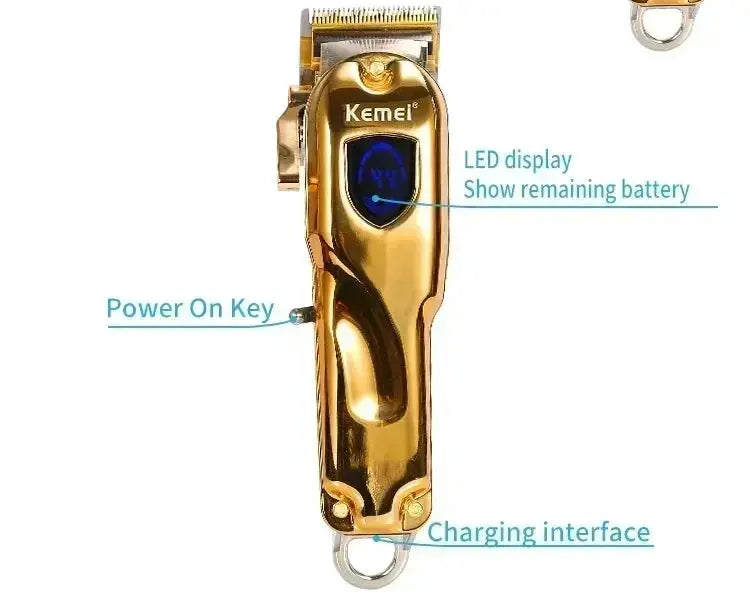 Kemei hair clipper KM-TX1 with gold and silver metal body, LED display, rechargeable trimmer