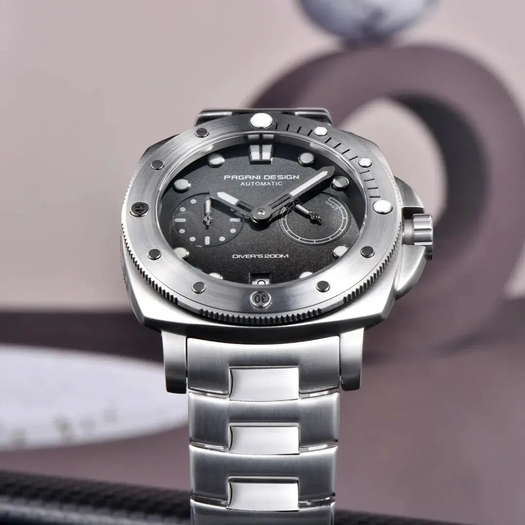 PAGANI DESIGN stainless steel diver watch with black dial, automatic movement, 200m water resistance