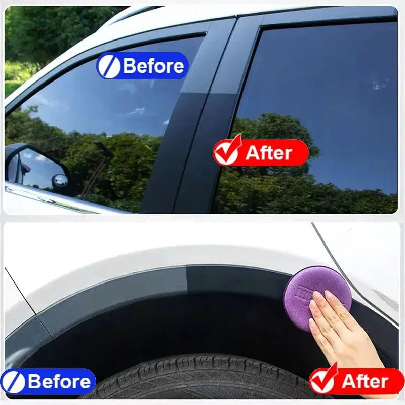 Plastic Restorer Back To Black gloss car detailing product demo; before/after window trim and wheel arch area