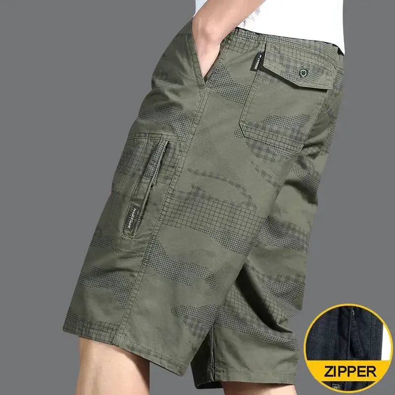 Men's olive-green camouflage knee-length cargo shorts with zipper pockets, cotton by Simples Market
