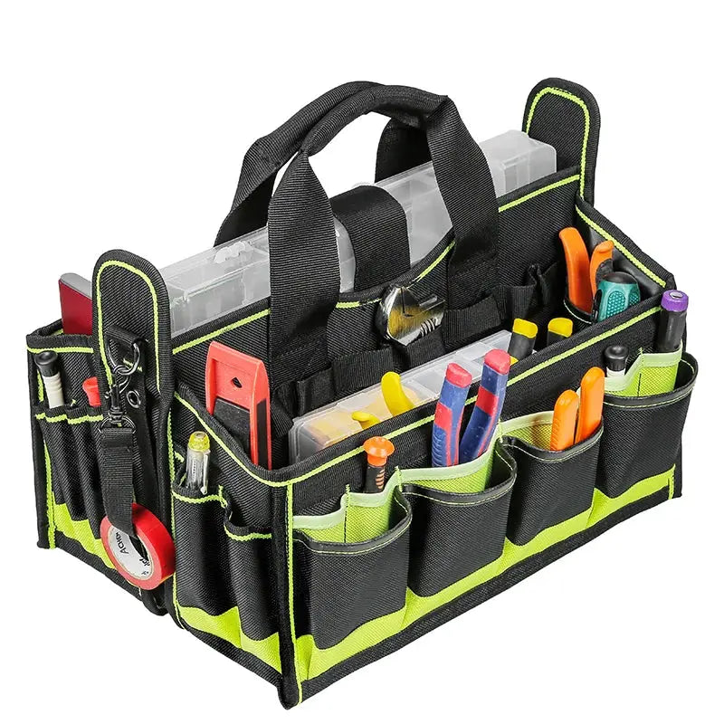 40-pocket tool tote by Simples Market; black with neon-green accents and multiple tool pockets.
