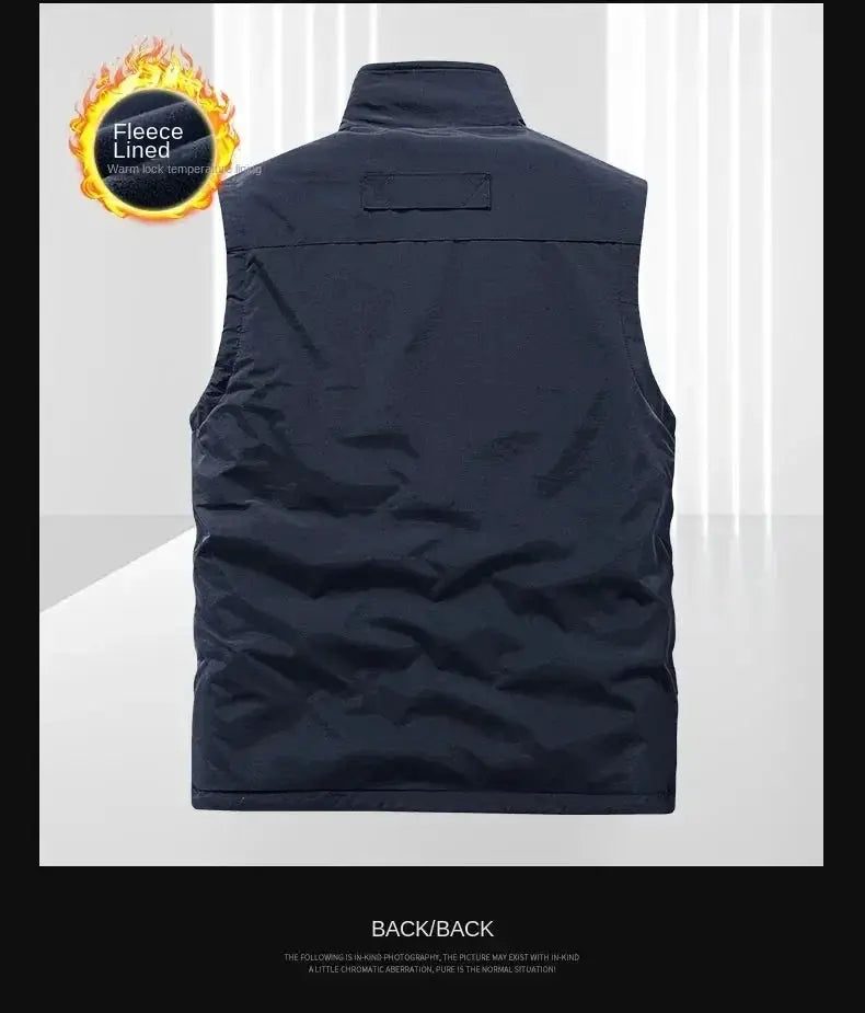 Back view of navy Simples Market heated gilet for men, fleece‑lined thermal vest for outdoors